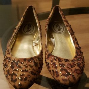 Faux suede leopard rhinestone pointed toe flats